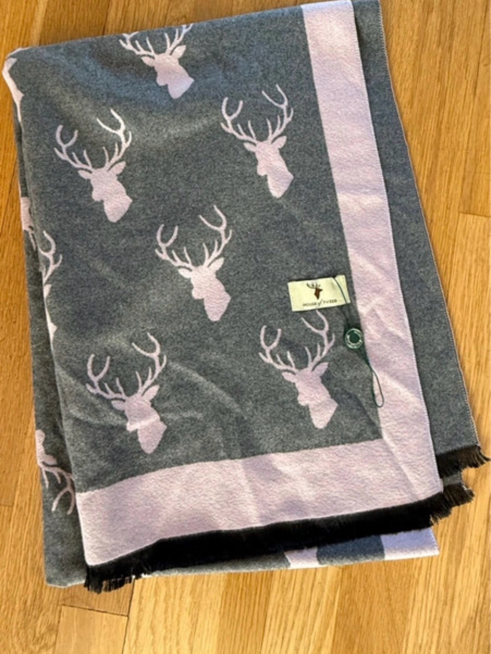 House of Tweed Stag Print Scarf Grey & Pink - Picture 2 of 5